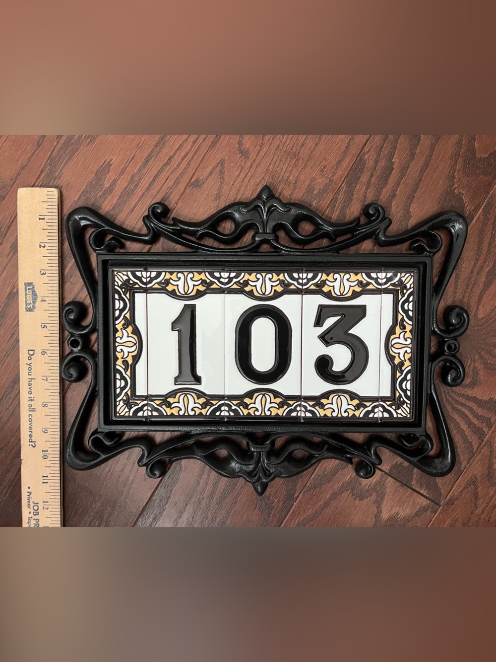 Classic Black Framed Tile Address Plaque - Black & White with Gold Accents